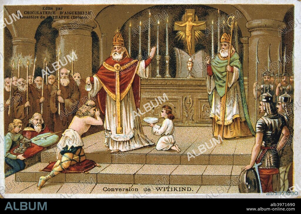 Conversion of Witikind, 785 AD, (19th century). The Saxon leader Witikind (or Wittekind), resisted Emperor Charlemagne for a long time before finally submitting. He was baptised c785 AD, and according to myth he rode a black horse before his baptism and a white horse afterwards. Card from a series produced by the chocolate factory at the Monastery of Aiguebelle.