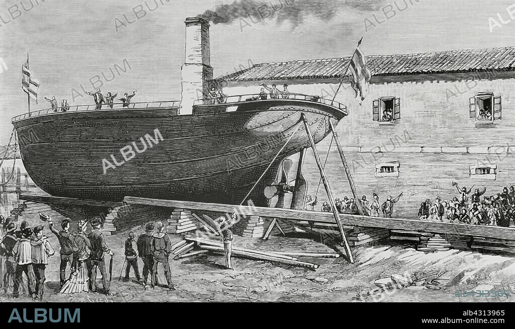 TOMÁS CARLOS CAPUZ (1834-1899). SPANISH ENGRAVER. RAFAEL MONLEÓN Y TORRES (1843-1900). SPANISH ARTIST.. Industria española, siglo XIX. Galicia. Ferrol. Botadura del primer barco de hierro construido en los astilleros de los Sres. Otero, Gil y Cía., el 20 de agosto de 1884. Dibujo de Monleón. Grabado por Capuz. La Ilustración Española y Americana, 15 de septiembre de 1884.
