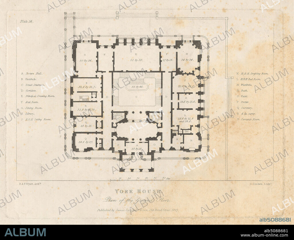 York House: Plan of the Ground Floor, George Gladwin, active 1820s1830s, after Benjamin Dean Wyatt, 17751850, British, after Philip William Wyatt, 17771835, British, Published by James Carpenter & Son, active 18081843, British, 1827, Etching on moderately thick, slightly textured, cream wove paper, Sheet: 9 5/16 x 11 5/16 inches (23.7 x 28.7 cm), Plate: 6 x 8 inches (15.2 x 20.3 cm), and Image: 4 7/8 x 7 3/8 inches (12.4 x 18.8 cm), architectural subject, floor plan, layout, mansion, rooms, scale (rule), City of Westminster, England, Greater London, London, United Kingdom, York House, Strand.