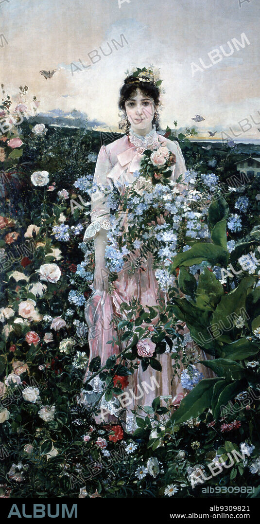 IGNACIO PINAZO CAMARLENCH. PINAZO, IGNACIO. SPANISH PAINTER . VALENCIA 1849 - 1916. "SPRING" OIL YEAR 1885. PORTRAIT OF MARIA JAUMANDREU.