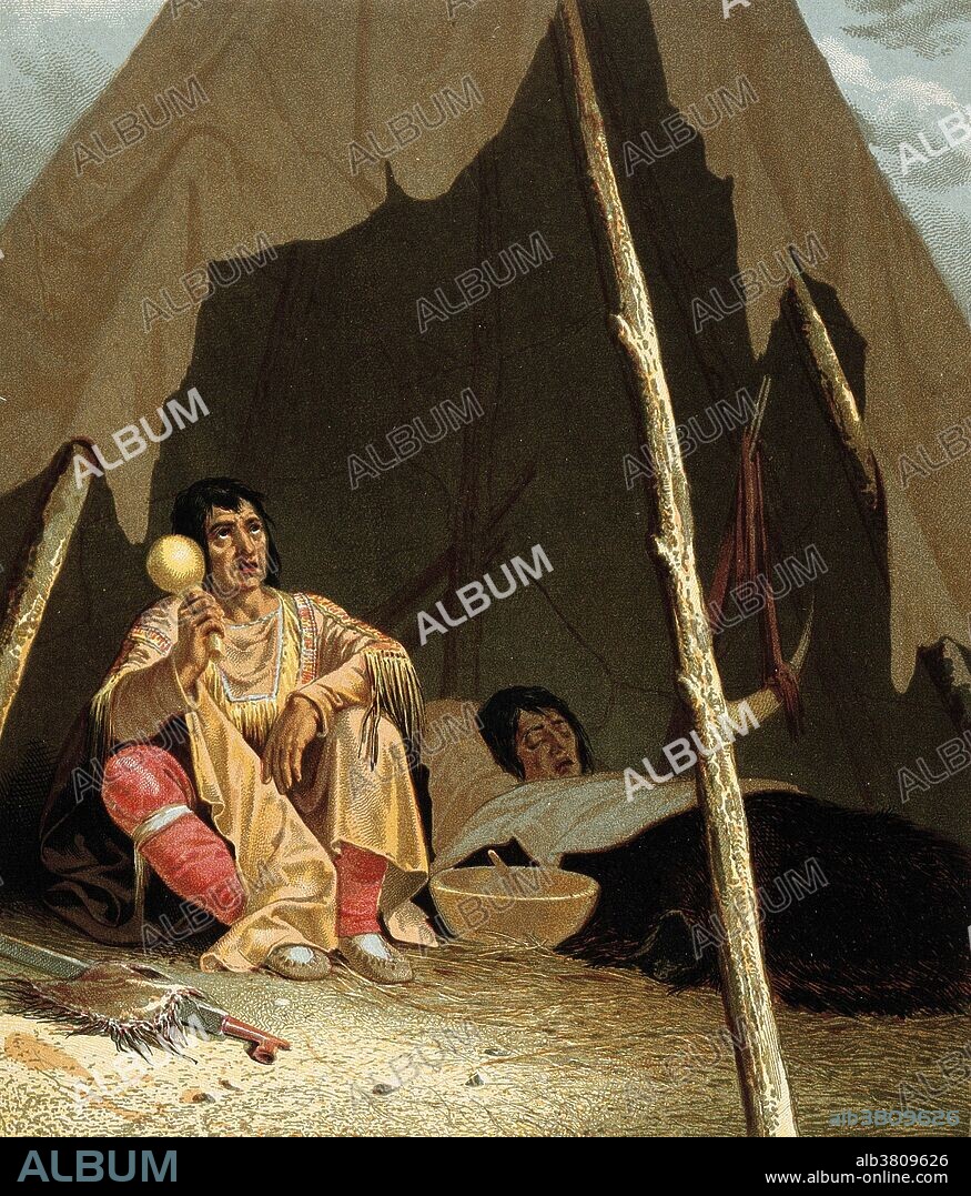 A North American Indian shaman or medicine man healing a patient. The shaman is holding a gourd rattle and there is a large bowl on the ground between them. Chromolithograph by C. Schuessele after Captain Eastman.