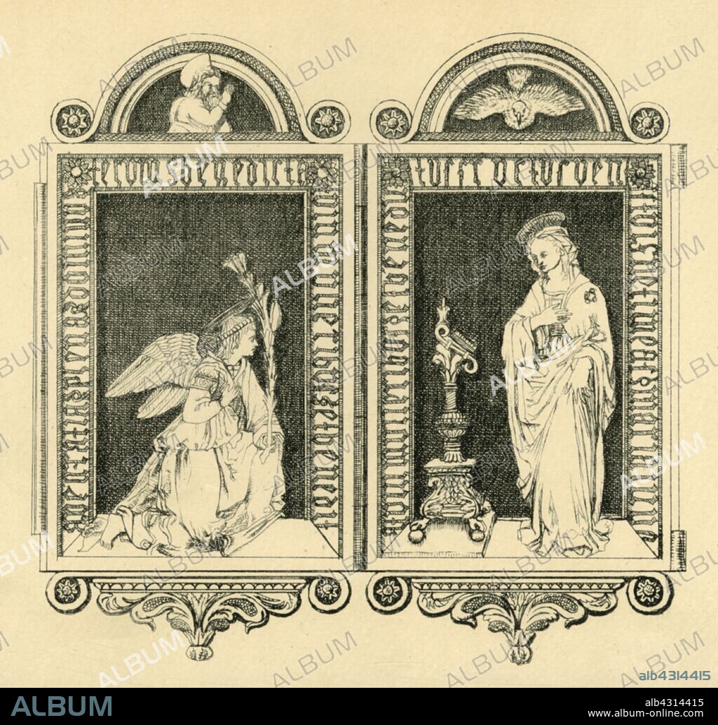 J P FRASER. The Annunciation, diptych, mid 19th century, (1881). Etching of a small folding tabernacle in gilt bronze, silver, niello, bone and horn, made in Italy in the 1840s or early 1850s in the style of the late 15th century. The angel Gabriel, holding a lily, kneels before Mary. Above are God the father and the Holy Ghost in the form of a dove. From "The South Kensington Museum", a book of engraved illustrations, with descriptions, of the works of art in the collection of the Victoria & Albert Museum in London (formerly known as the South Kensington Museum). [Sampson Low, Marston, Searle and Rivington, London, 1881].