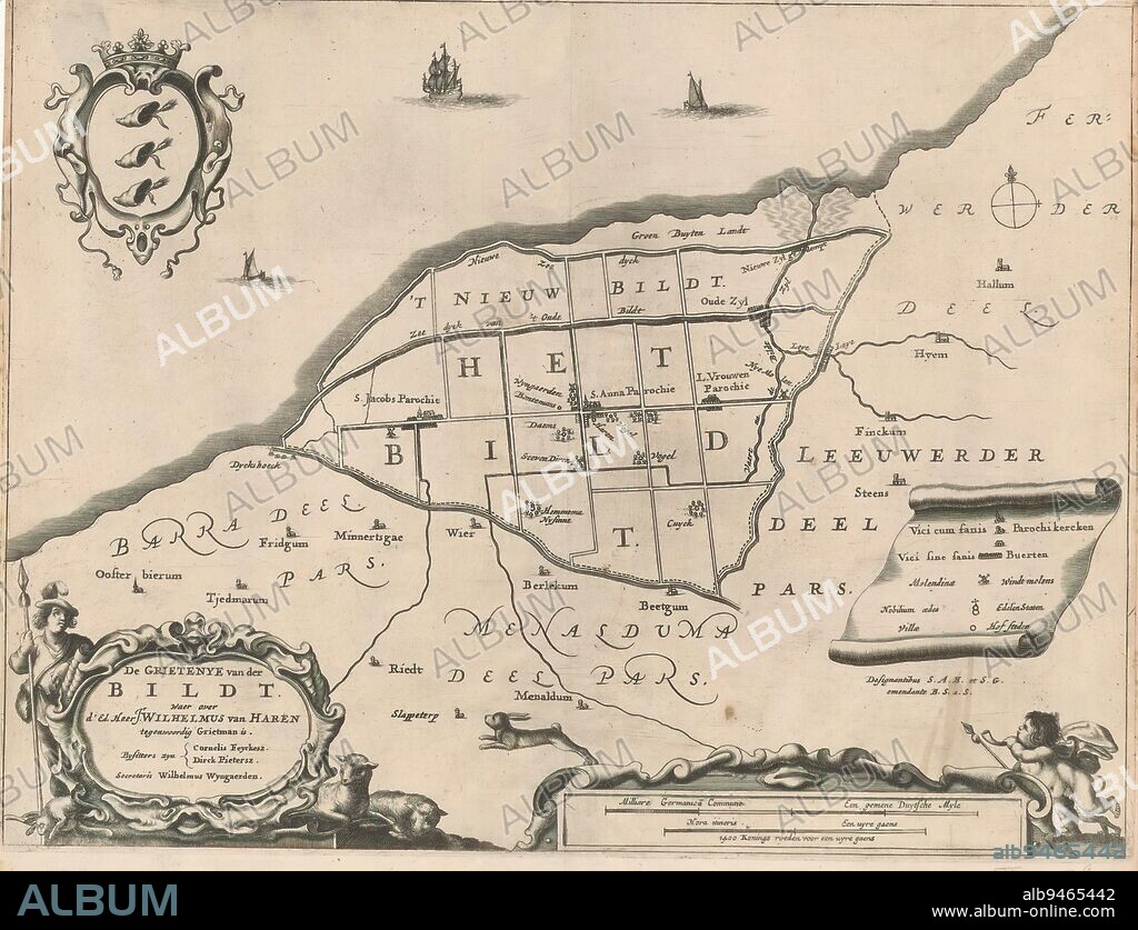 Map of the grietenij Het Bildt, De grietenye van der Bildt (title on object), Top left the coat of arms of Het Bildt, bottom left cartouche with title and administrative information about the grietenij. Legend on the right, bottom right two scale bars: Milliare Germanicu commune / A mean Duytsche myle, Hora itineris / A uyre gaens - from 1400 kings rods for a uyre gaens., print maker: Jacob van Meurs, (possibly), Bernardus Schotanus à Sterringa, (mentioned on object), Sjoerd Aetesz. Haacma, (mentioned on object), print maker: Amsterdam, Friesland, Friesland, Friesland, 1664, paper, engraving, height 284 mm × width 375 mm.