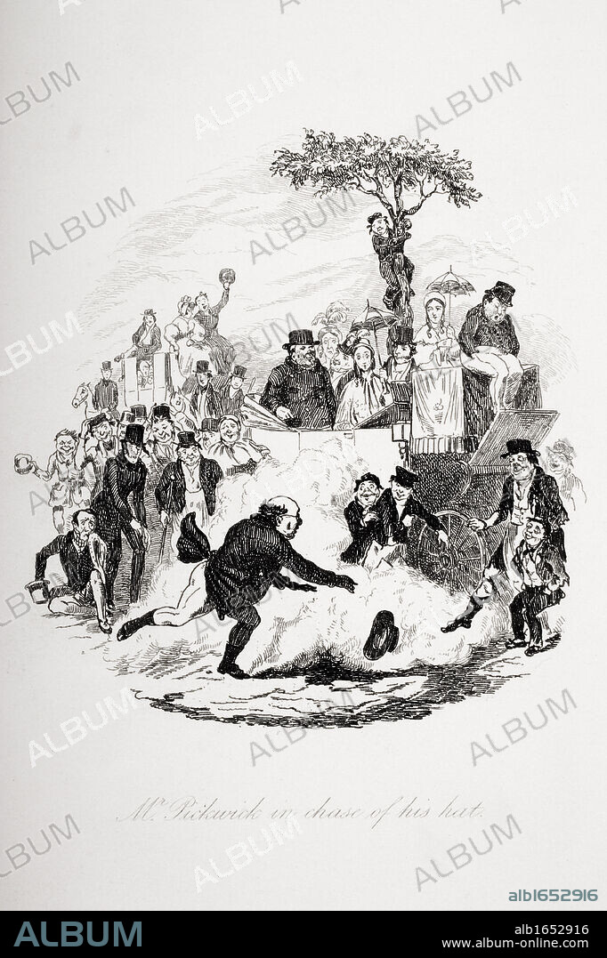 Mr.Pickwick in chase of his hat.Illustration from the Charles Dickens novel The Pickwick Papers by Robert Seymour, 1800-1836.