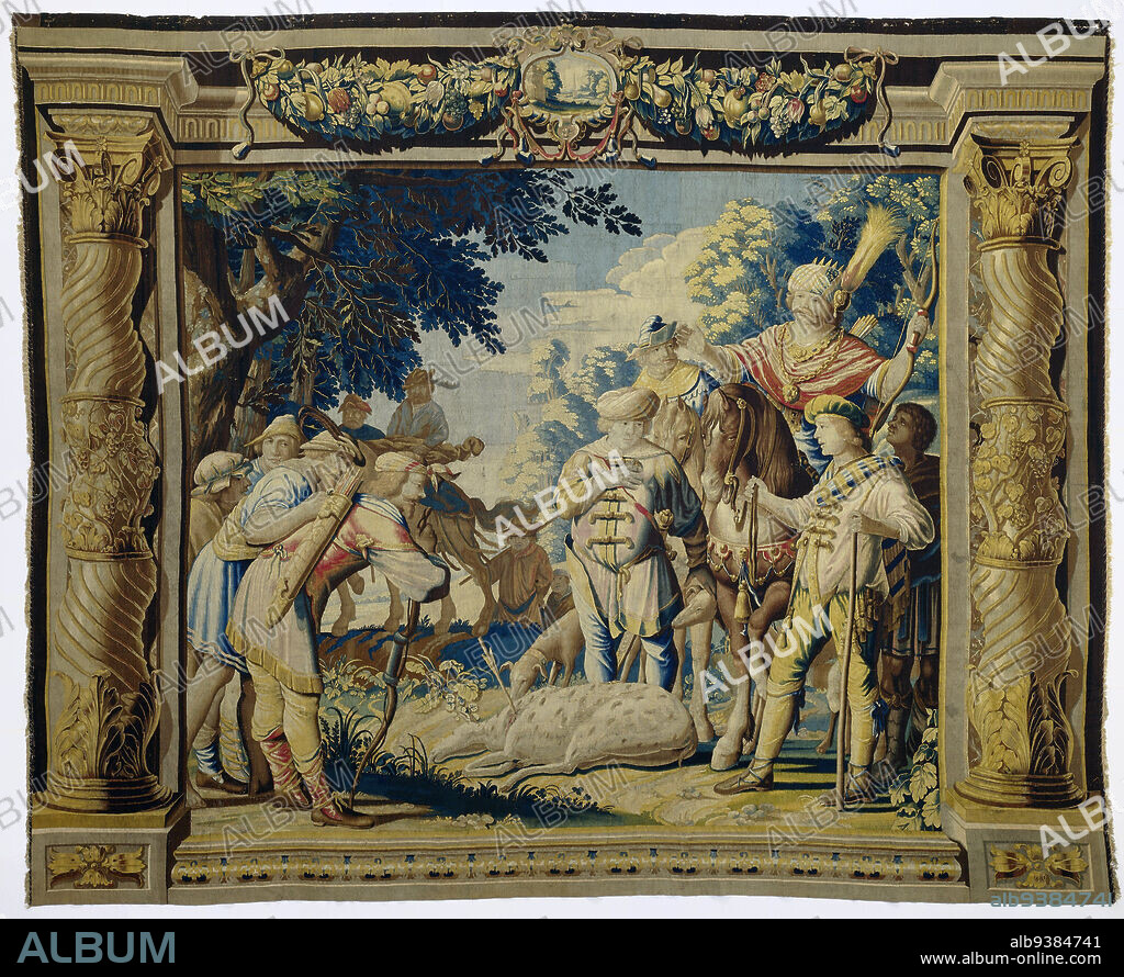 The death of a doe dedicated to Artemis, The history of Iphigenia and Orestes (series title), Tapestry showing Agamemnon killing a doe dedicated to Artemis; from a series of five tapestries with representations borrowed from Iphigenia on Tauris by Euripides, maker: Pieter de Cracht, designer: Salomon de Bray (attributed to), maker: Goudadesigner: Northern Netherlands, c. 1648 - c. 1662, ketting: wool, tapestry, height 365 cm × width 444 cm.