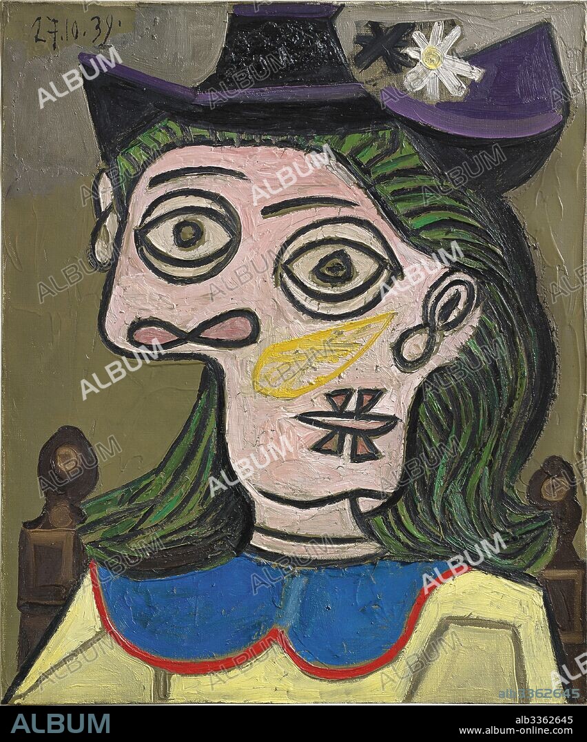 PABLO PICASSO. Tête de femme au chapeau mauve.
