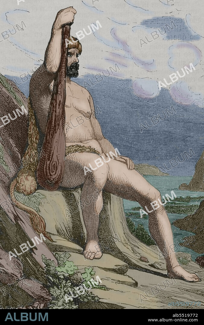 Hércules (mitología romana) o Heracles (mitología griega). Héroe de la mitología clásica. Grabado coloreado. Historia General de España por el Padre Mariana. Madrid, 1852.