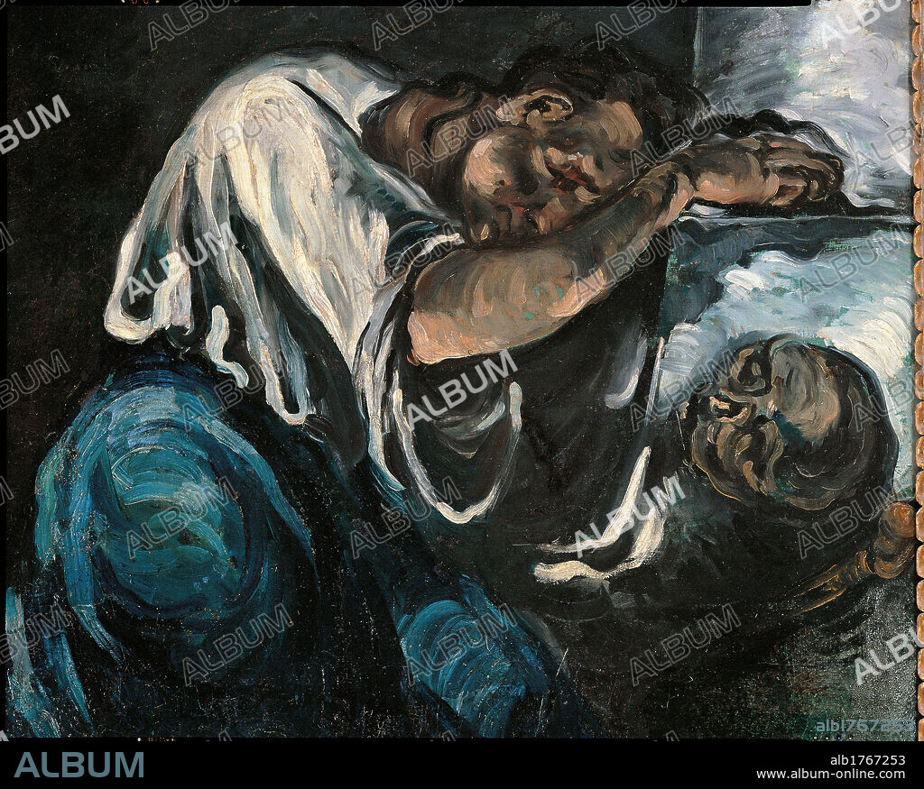 The Magdalene (The Sorrow), by Paul Czanne, 1869 about, 19th Century, oil on canvas, cm 165 x 125,5. France, Ile de France, Paris, Muse dOrsay. Detail. Woman kneeling blue black white weeping desperation skull shirt prayer pray.