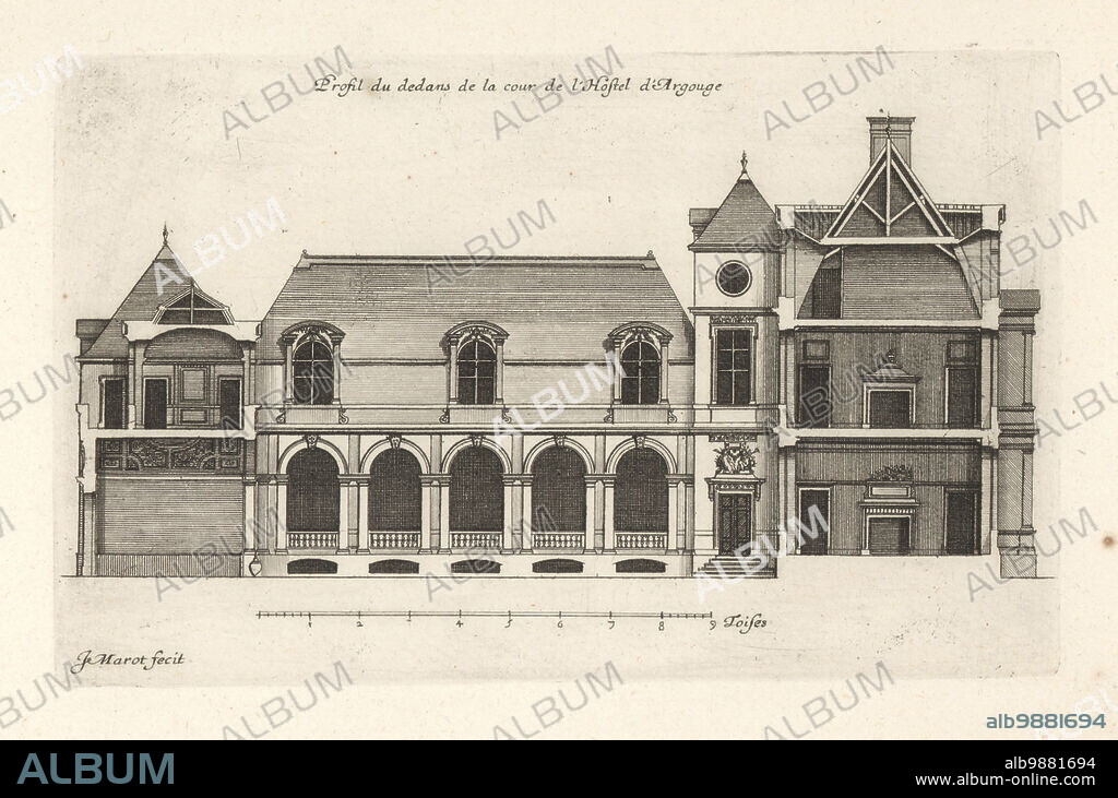 Profile of the courtyard in the Hotel de Carnavalet (now the Musee Carnavalet), a grand house or hotel pariculier built by architects Androuet Ducerceau, Jean Goujon and Jean Bullant, on rue Culture Sainte-Catherine (rue de Sévigné), Paris, remodeled by Francois Mansart. Profil du dedans de la Cour de l'Hostel d'Argouge. Copperplate engraving drawn and engraved by Jean Marot from his Recueil des Plans, Profils et Elevations de Plusieurs Palais, Chasteaux, Eglises, Sepultures, Grotes et Hotels, Collection of Plans, Profiles and Elevations of Palaces, Castles, Churches, Tombs, Grottos and Hotels, chez Mariette, Paris, 1655.
