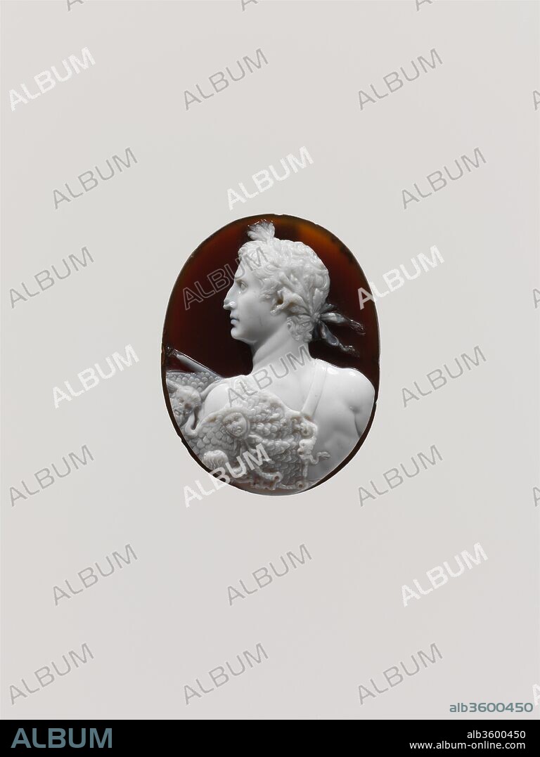 Sardonyx cameo portrait of the Emperor Augustus. Culture: Roman. Dimensions: 1 7/16 × 1 1/8 × 5/16 in. (3.7 × 2.9 × 0.8 cm). Date: ca. A.D. 41-54.
The cameo depicts Augustus as a triumphant demigod wearing the aegis, a cape usually associated with Jupiter and Minerva. Here, it is decorated with the head of a wind god, perhaps intended as a personification of the summer winds that brought the corn fleet from Egypt to Rome and so an oblique reference to Augustus's annexation of Egypt after the defeat of Mark Antony and Cleopatra at Actium in 31 B.C.