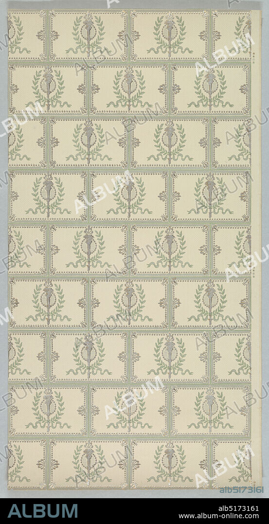 Sidewall, Machine-printed paper, liquid mica, Ashlar block pattern. Each block contains torch within a laurel wreath, with ribbons at the bottom. There is an outline of beading around each block. Printed in white and shades of gray on gray ground., USA, 19051915, Wallcoverings, Sidewall.