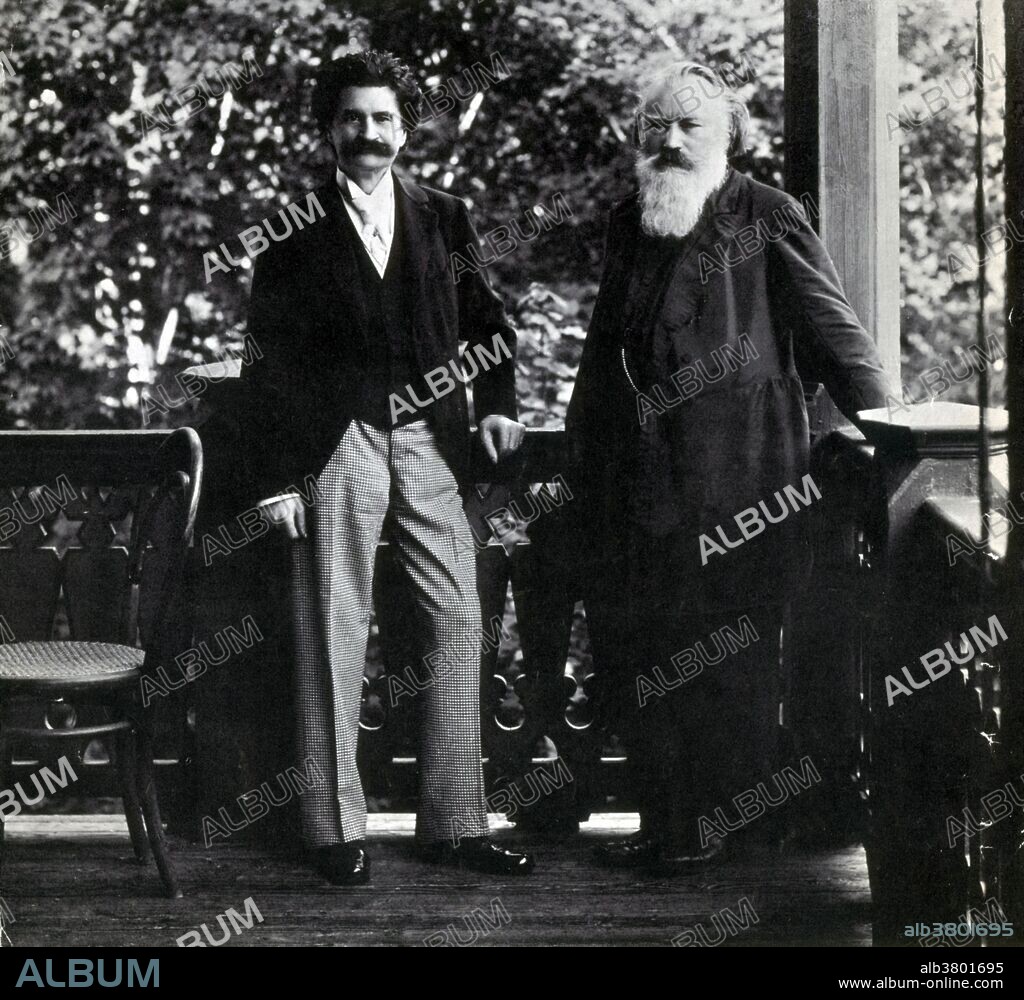 Johannes Brahms was a personal friend of Strauss. A story is told in biographies of both men that Strauss's wife Adele approached Brahms with a request that he autograph her fan. It was usual for the composer to inscribe a few measures of his best-known music, and then sign his name. Brahms, however, inscribed a few measures from the "Blue Danube", and then wrote beneath it: "Unfortunately, NOT by Johannes Brahms." Johann Strauss II (October 25, 1825 - June 3, 1899) was an Austrian composer of light music, particularly dance music and operettas. He composed over 500 waltzes, polkas, quadrilles, and other types of dance music, as well as several operettas and a ballet. Johannes Brahms (May 17, 1833 - April 3, 1897) was a German composer and pianist, and one of the leading musicians of the Romantic period. He composed for piano, chamber ensembles, symphony orchestra, and for voice and chorus. A virtuoso pianist, he premiered many of his own works. No photographer credited, dated September 2, 1894 .