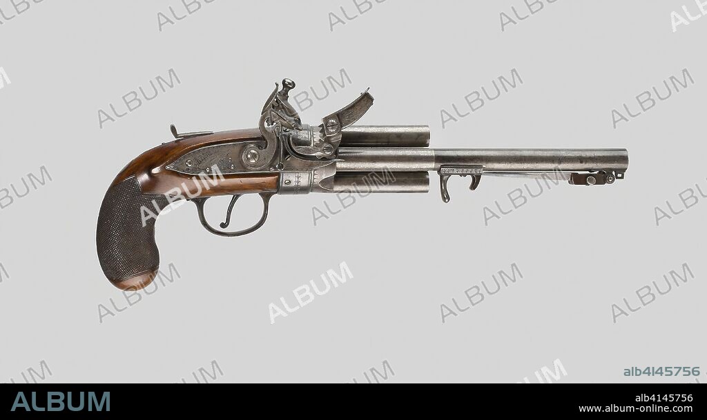 Flintlock Revolver with Bayonet. Gunsmith: Richard Constable (American, active 1817-1851); Philadelphia, Pennsylvania, and Birmingham, England. Date: 1815-1825. Dimensions: L. (excluding bayonet) 40 cm (15 3/4 in.)
Bayonet L. 10.2 cm (4 in.)
Wt. 4 lb. 5 oz.
Caliber .45. Steel, walnut, and flint. Origin: Philadelphia.