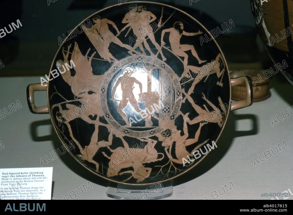 Kylix showing the Labours of Theseus, Athens, c440BC-c430BC.  Attributed to the Kodros Painter. Found at Vulci, Italy. Centre shows Theseus and Minotaur. Edges show Theseus fighting. with the Krominyonian Sow, kirkyon, Proknustes, Skiron, the Bull of Marathon and Sinis.