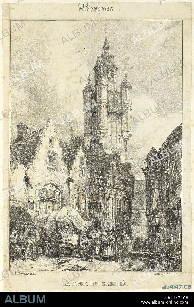 The Tower Marketplace. Richard Parkes Bonington; English, 1802-1828. Date: 1822-1828. Dimensions: 200 × 138 mm (image); 388 × 277 mm (sheet). Lithograph on paper. Origin: England.