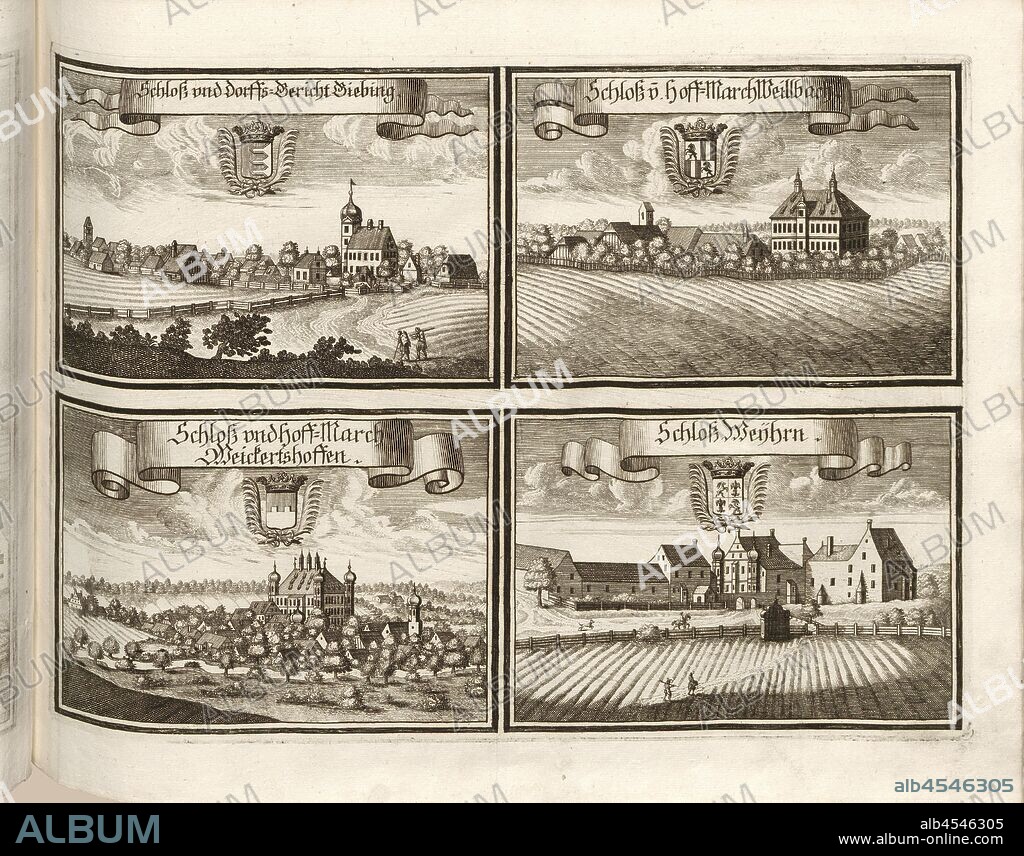 Castle and Village Court Giebing, Castle and. Hoff-March Weilbach, Castle and Hoff-March Weickertshoffen, Weyhrn Castle, Giebing Castle, Unterweilbach Castle in Hebertshausen, Weikertshofen Castle in Erdweg-Unterweikerthofen and Weyher Castle (Glonburg) in Egenhofen in Bavaria (Germany), Fig. 102, according to p. 50, Wening, Michael (del. et sc.), 1701, Michael Wening: Historico-topographica descriptio. Das ist: Beschreibung, dess Churfürsten- und Hertzogthumbs Ober- und Nidern Bayrn, welches in vier Theil oder Rennt-Aembter, als Oberlands München und Burgkhausen, Underlands aber in Landshuet unnd Straubing abgetheilt ist [...]. Thail 1. München: bey Johann Lucas Straub, gem: lobl. Landtschafft Buchtruckern, anno M.DCCI. [1701].