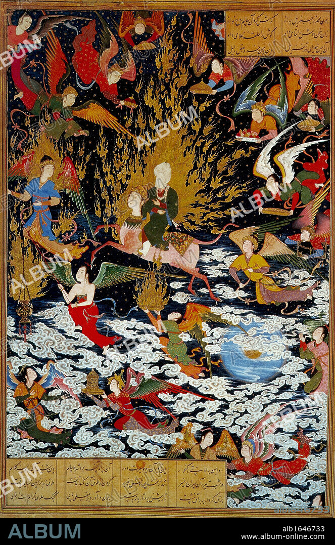 Persian miniature 1550 AD depicting the Prophet Muhammad ascending on the Burak into Heaven, a journey known as the Miraj.