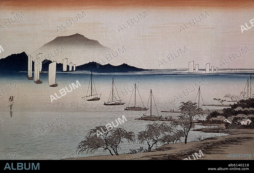 UTAGAWA HIROSHIGE O ANDO TOKUTARO. BARCOS EN EL LAGO - 1835 - 25,3x37, 5 cm - GRABADO JAPONES.