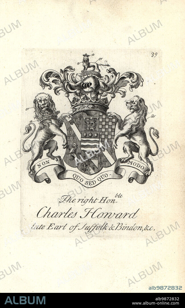 Coat of arms and crest of the right honorable Charles Howard, 9th Earl of Suffolk and Bindon, 1685-1733. Copperplate engraving by Andrew Johnston after C. Gardiner from Notitia Anglicana, Shewing their Achievements of all the English Nobility, Andrew Johnson, the Strand, London, 1724.