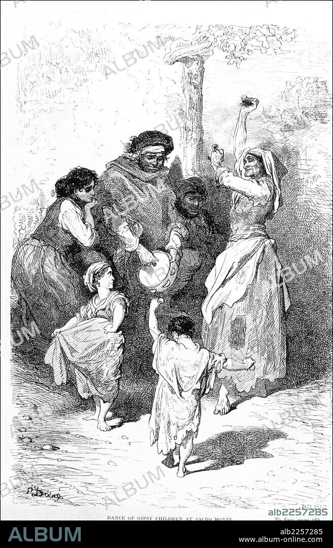 PAUL GUSTAVE DORÉ. GRANADA. DANZA DE NIÑOS GITANOS EN EL SACROMONTE. DIBUJO DE GUSTAVO DORE. GRABADO DEL SIGLO XIX.