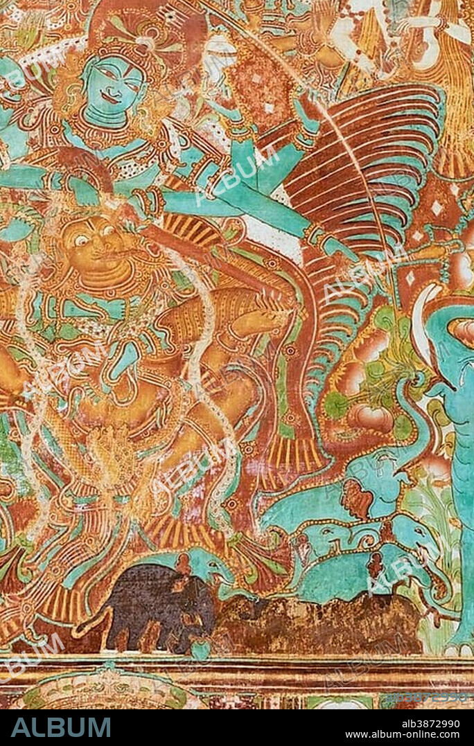 Ancient mural, Gajendra Moksham depicting the redemption of the elephant god Gajendra, the largest of its kind in Kerala, Krishnapuram Palace, Kayamkulam, Kerala, India, Asia.