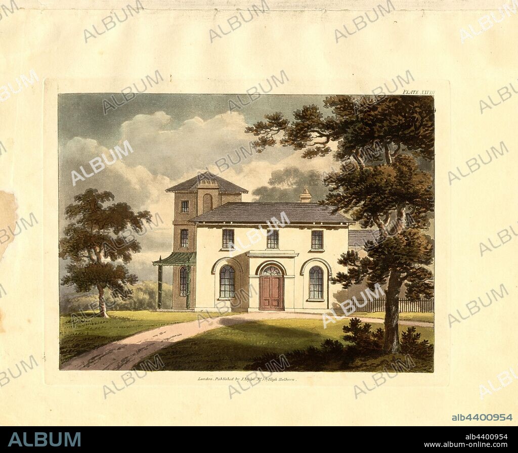 Italian villa 2, An elevation of a house in the style of an Italian villa, pl. XXVIII, after p. 31, Robert Lugar: Architectural sketches for cottages, rural dwellings, and villas, in the Grecian, Gothic, and fancy styles: with plans; suitable to persons of genteel life and moderate fortune.: preceded by some observations on scenery and character proper for picturesque buildings. London: printed for J. Taylor, at the Architectural Library, 1823.