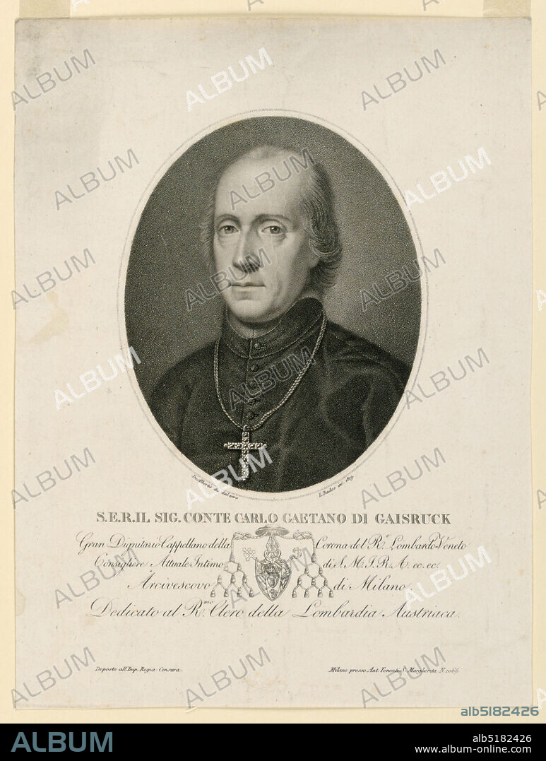 Portrait of Count Carlo Gaetano di Gaisruck, Luigi Rados, Italian, 1773 - 1840, Giuseppe de Albertis, Italian, 1763 - 1845, Stipple engraving on paper, Half-length portrait in three-quarter view towards left. The sitter is bareheaded and wearing a clerical robe with a cross., Italy, 1819, Print, Print.