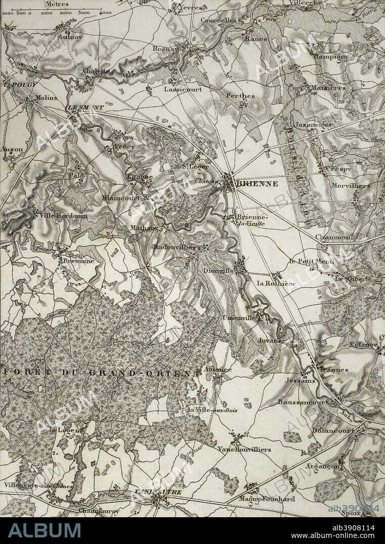 Mapa de los alrededores de Brienne (Francia). Historia del Consulado y del Imperio de Napoleón (Atlas de l'Histoire du Consulat et de l'Empire). Obra de Marie Joseph Louis Adolphe Thiers (1797-1877). Dibujos realizados por Dufour y grabados por Dyonnet. Editado en París, 1864. Biblioteca Histórico Militar de Barcelona. Cataluña, España.