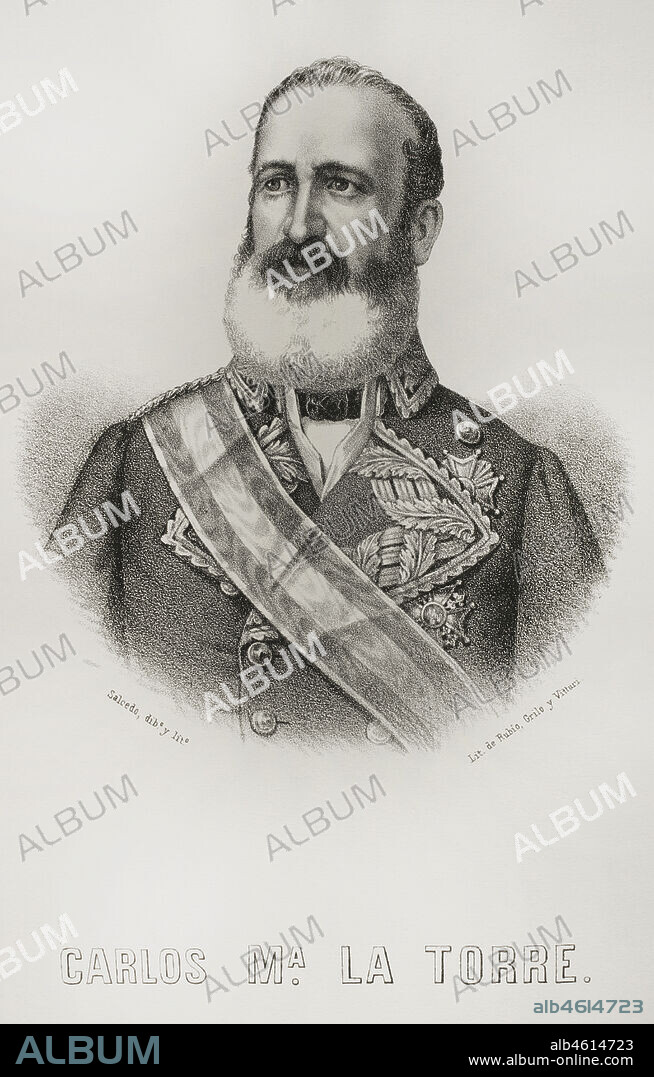 ISIDORO SALCEDO. SPANISH PAINTER, LITHOGRAPHER AND CARTOONIST,19TH CENTURY.. Carlos María de la Torre y Navacerrada (1809-1879). Teniente general español. Primer gobernador general de Filipinas (junio de 1869 a septiembre de 1871) tras la Revolución de Septiembre de 1868. Retrato. Dibujo por Salcedo. Litografía. Crónica General de España, Historia Ilustrada y Descriptiva de sus Provincias. Filipinas, 1871.
