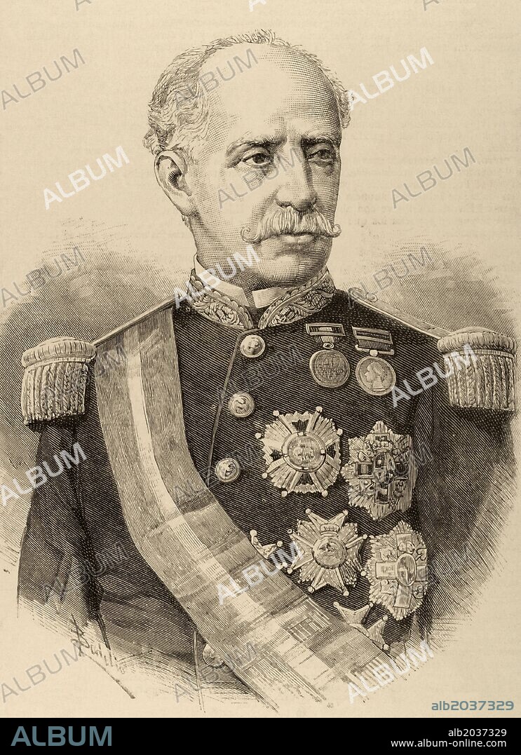 Ignacio María del Castillo (1817-1893). Militar y político español. Héroe de la Tercera Guerra Carlista. Senador en varias ocasiones. Gobernador de Cuba (1883-84) y Ministro de la Guerra (1886-87) durante la Restauración borbónica en España. Grabado por Badillo. "La Ilustración Española y Americana", año 1886.