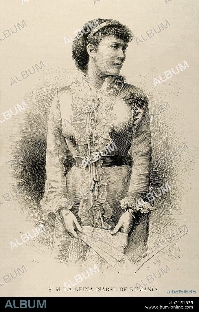 Isabel de Wied (1843-1916). Reina consorte de Rumanía por su matrimonio con el rey Carlos I, además de una célebre novelista bajo el pseudónimo de Carmen Sylva. Grabado por Dufourneau "La Ilustración Española y Americana", año 1883.