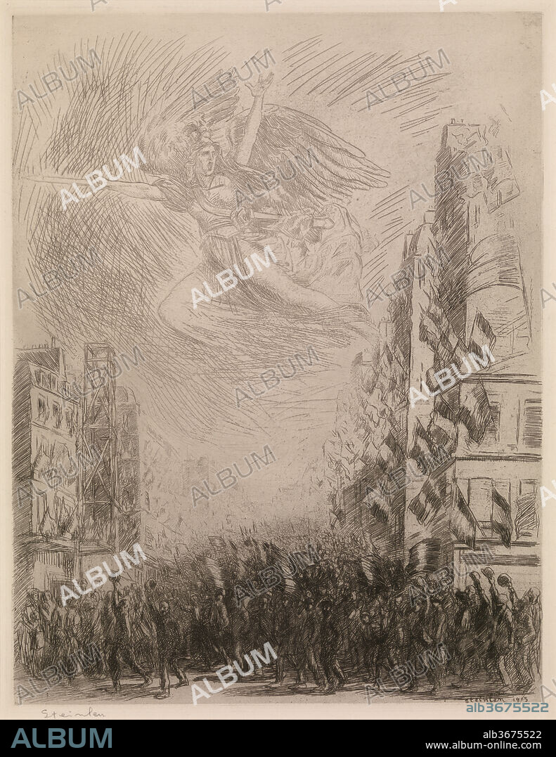 THEOPHILE-ALEXANDRE STEINLEN. Mobilization or La Marseillaise. Artist: Théophile-Alexandre Steinlen (French (born Switzerland), Lausanne 1859-1923 Paris). Dimensions: Plate: 20 15/16 × 16 1/8 in. (53.2 × 41 cm)
Sheet: 25 11/16 × 19 11/16 in. (65.2 × 50 cm). Date: 1915.
Known primarily for his work in the 1880s and 1890s, Steinlen shifted his subject matter during World War I to the everyday experience of war. In this detailed print, he rendered the mobilization of French ground and sea troops on August 2, 1914. Anticipating Germany's invasion of France, this particular moment gave rise to patriotism--a sentiment captured here in the people's gestures and the many French flags. Expressive lines infused with movement capture the intensity of the event, an effect likely indebted to sketches made from life. The figure of Marianne--a symbol of the French Republic--leads the charge from above. She is a reference to François Rude's 1836 sculpture La Marseillaise (named after the national song) at the Arc du Triomphe, which symbolized collective mobilization for freedom.