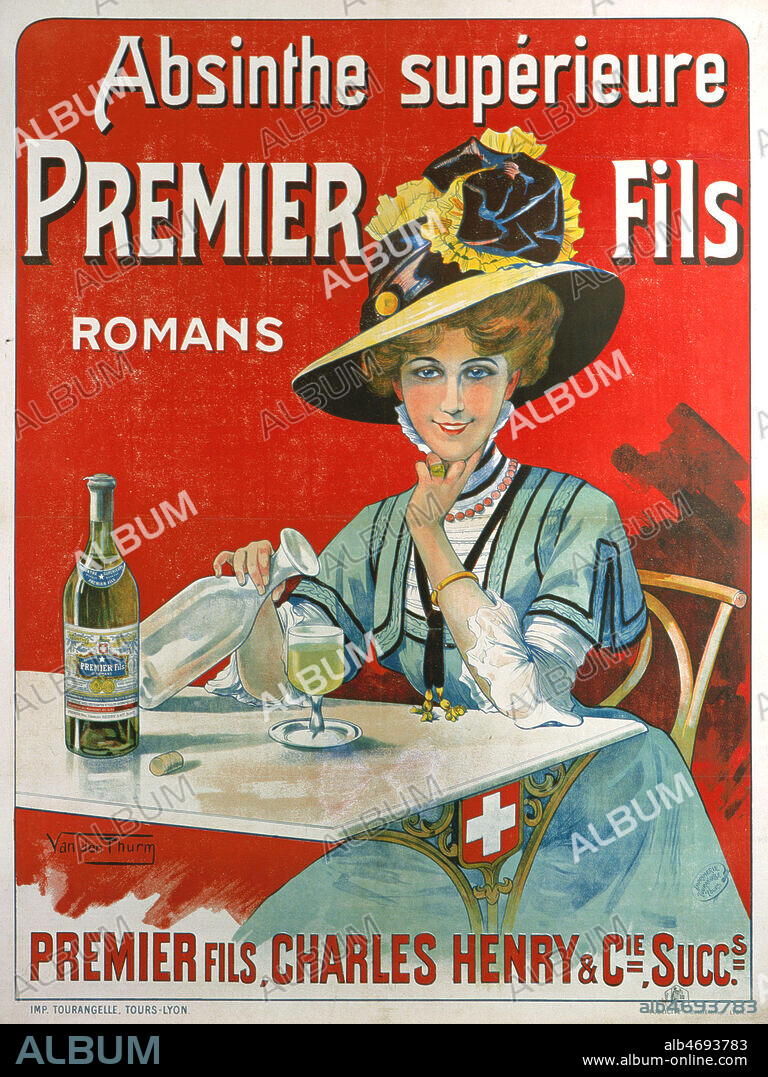 Femme a la terrasse d'un bistrot. Affiche publicitaire pour l'absinthe Premier Fils illustree par Van Den THURM vers 1900. Credit : Coll. Perrin/KHARBINE-TAPABOR.