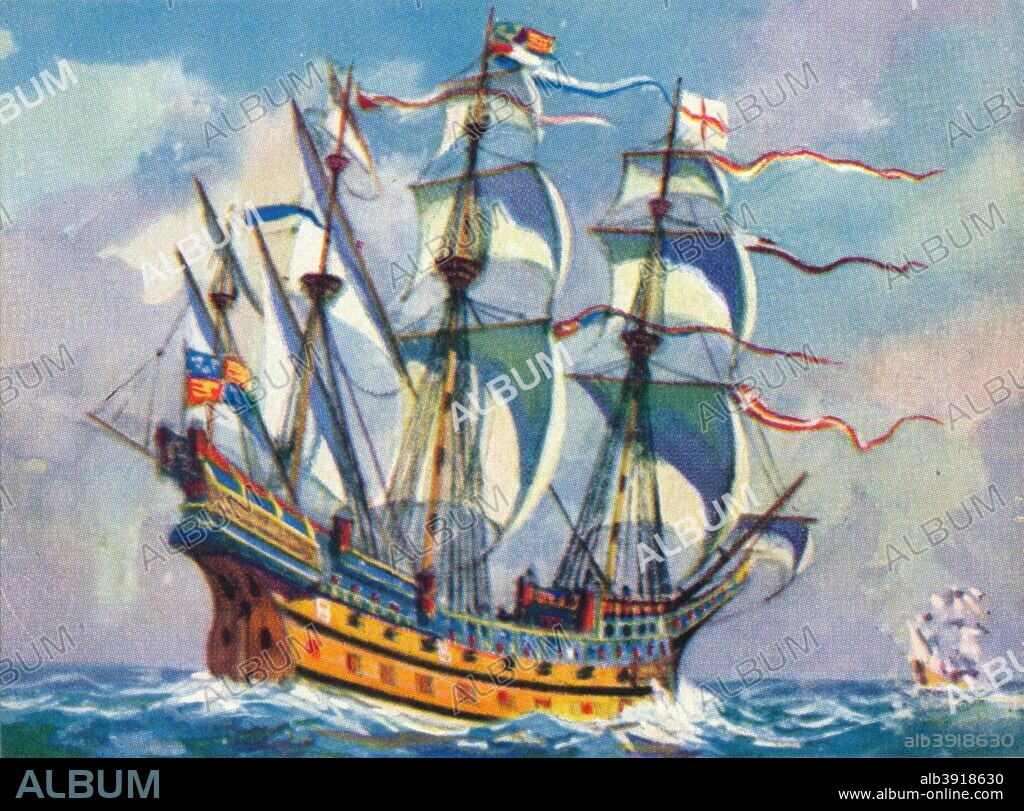 Henry Grace a Dieu (Henry Grace of God), also known as Great Harry, English carrack or great ship of the 16th century. Henry Grace à Dieu was one of the great ships of King Henry VIII's (1491-1547) fleet and was a contemporary of the Mary Rose. She was originally built at Woolwich Dockyard from 1512 to 1514. From The Pageant of Kingship cigarette card series, issued by Peter Jackson Ltd., 1937.