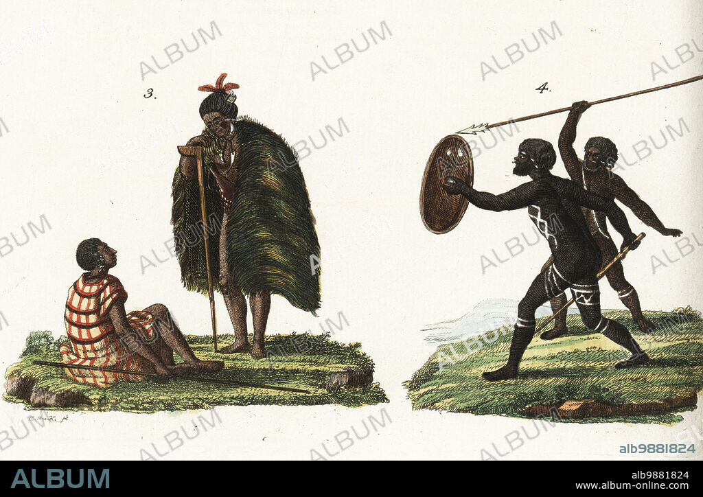 Costumes of the people of Australia, 18th century. Maori man in kakahu feather cloak with war axe, woman in grass skirt, New Zealand 3, and Aborigine warriors in body paint, armed with shield and spear, Australia 4. Handcoloured copperplate engraving from Friedrich Johann Bertuch's Bilderbuch fur Kinder (Picture Book for Children), Weimar, 1792.