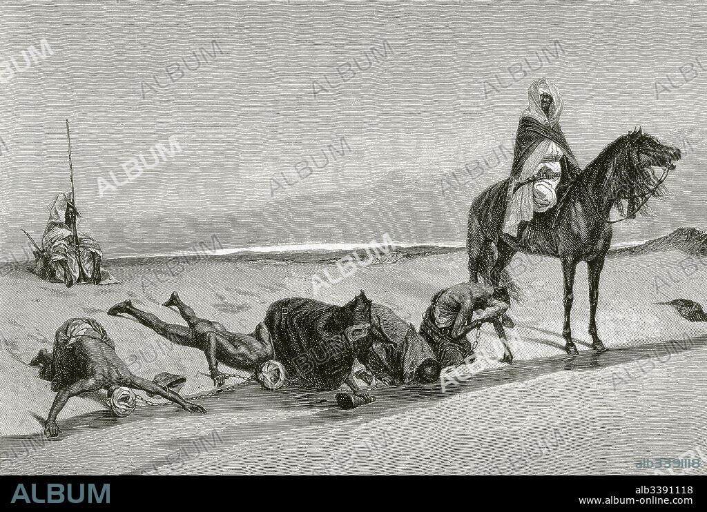 Caravana de esclavos en el desierto. Grabado del siglo XIX.