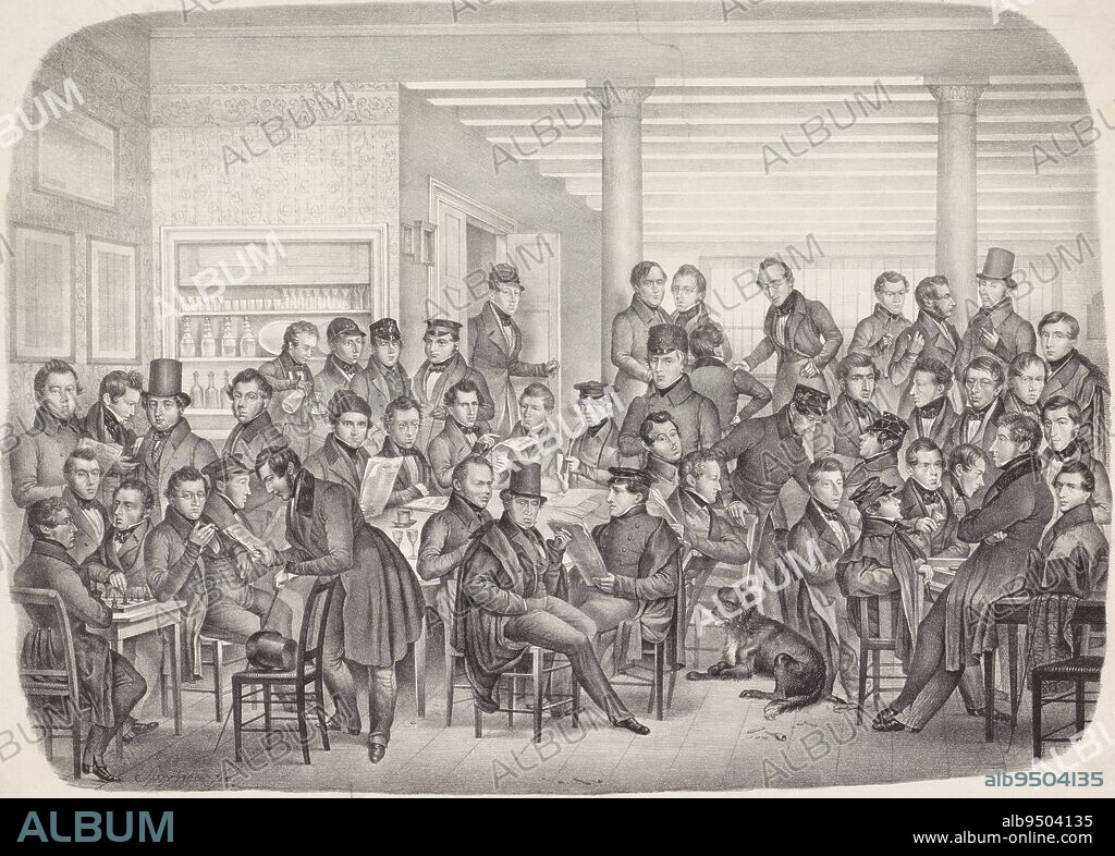 Student Society Minerva in Leiden, ca. 1830-1835, Leendert Springer (I), 1830 - 1835, Meeting of students of the Student Society Minerva, in the room de Twee Kolommen on the Breestraat in Leiden, ca. 1830-1835. The students sit at tables drinking, reading and smoking. At a table to the left, chess is being played., print maker: Leendert Springer (I), (mentioned on object), Leiden, 1830 - 1835, paper, h 458 mm × w 610 mm.