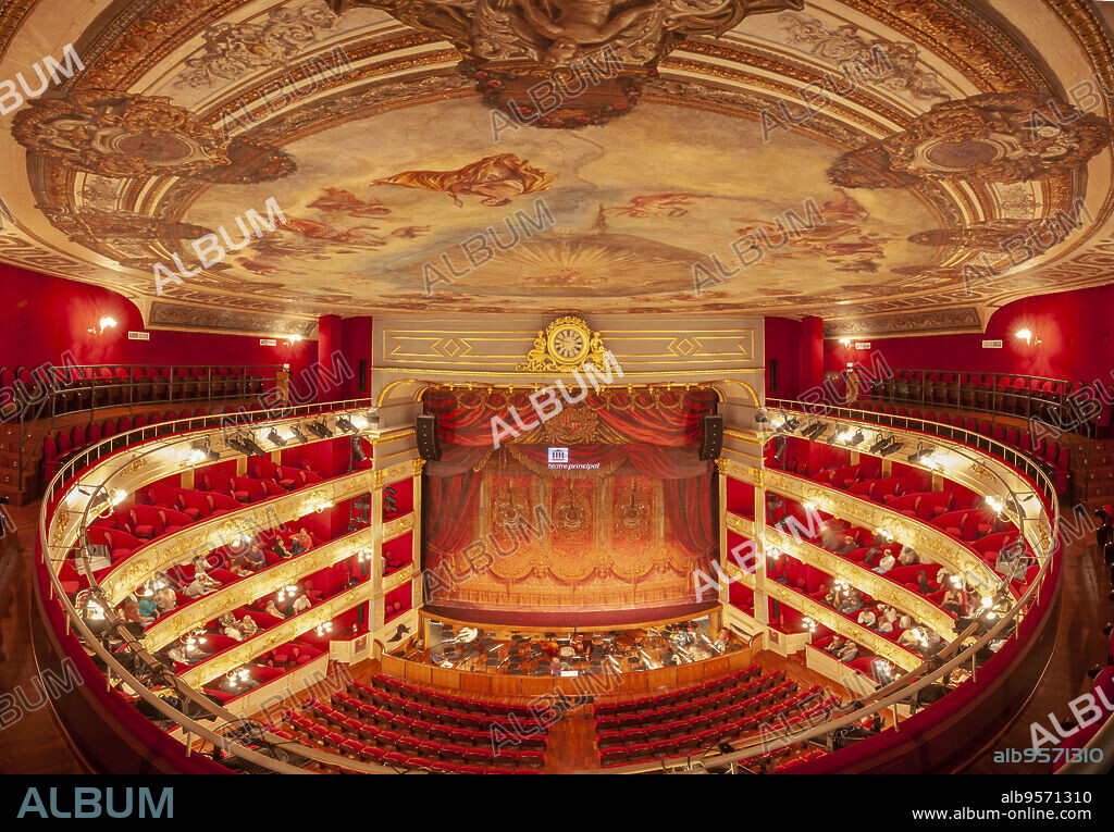 Teatro Principal, 1857. Integral view of the hall and stage, Teatre Principal, Palma de Mallorca. spain.