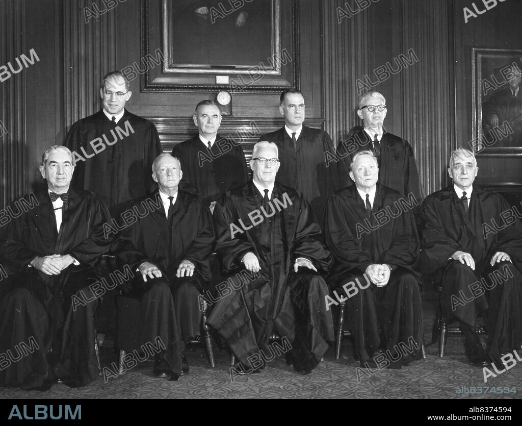 Formal portrait of members of the United States Supreme Court. Left to right: (front row) Justice Tom C. Clark; Justice Hugo L. Black; Chief Justice Earl Warren; Justice William O. Douglas, and Justice John M. Harlan. Left to right: (top row) Justice Byron R. White; Justice William J. Brennan, Jr.; Justice Potter Stewart; and Justice Arthur J. Goldberg. Washington, DC. 1962.