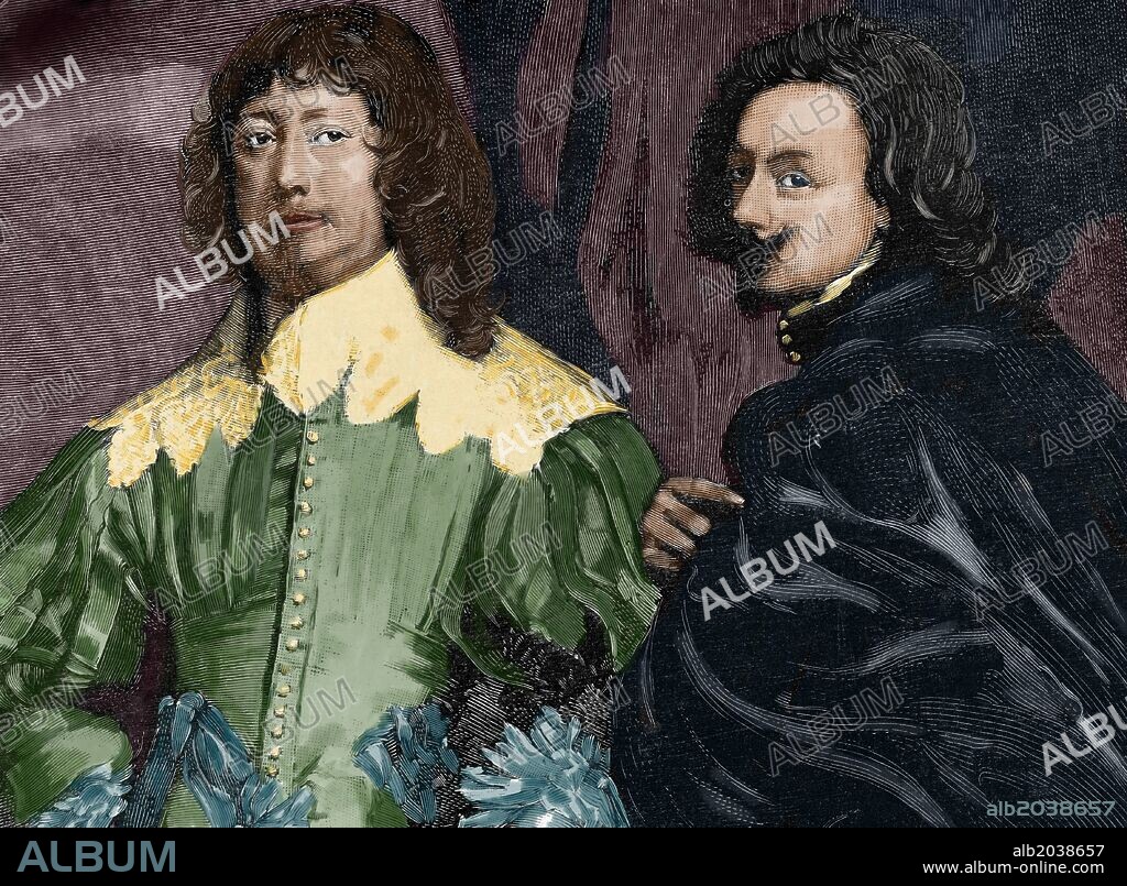 Flemish painter Anthony van Dyck (1599-1641) and english politician Lord John Digby (1580-1653), 1st Earl of Bristol. Engraving after a painting by Van Dyck. The Spanish and American Illustration, 1884. Colored engraving.