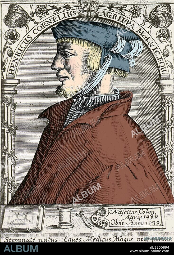 Heinrich Cornelius Agrippa von Nettesheim (1486-1535) was a German magician, occult writer, theologian, astrologer and alchemist. In 1510, he studied briefly with Johannes Trithemius, and Agrippa sent him an early draft of his masterpiece, De occulta philosophia libri tres; a study of elemental, celestial, and intellectual magic. The book discusses the four classical elements, (earth, air, fire, and water), astrology, numbers, angels, gods, mystical names and virtues, and how they relate to medicine and alchemy. During his wandering life in Germany, France and Italy he worked as a theologian, physician, legal expert and soldier. After Agrippa's death in 1535, rumors circulated about him summoning demons and that on his deathbed he released a black dog which had been his familiar.