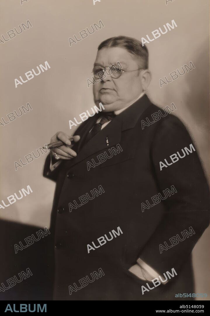 Nicola Perscheid, Der Kunstsammler Leopold Biermann, Staatliche Landesbildstelle Hamburg, collection on the history of photography, collodion paper matt, black and white positive process, picture size: height: 22,20 cm; width: 15,60 cm, signed: recto and on the cardboard: N. Perscheid, inscribed: recto and on the passepartout: in brown ink: Leopold Biermann - art collector and writer, portrait photography, studio/studio photography, half-length portrait, standing figure, cigar, art collector, writer, poet, author, Leopold Biermann.