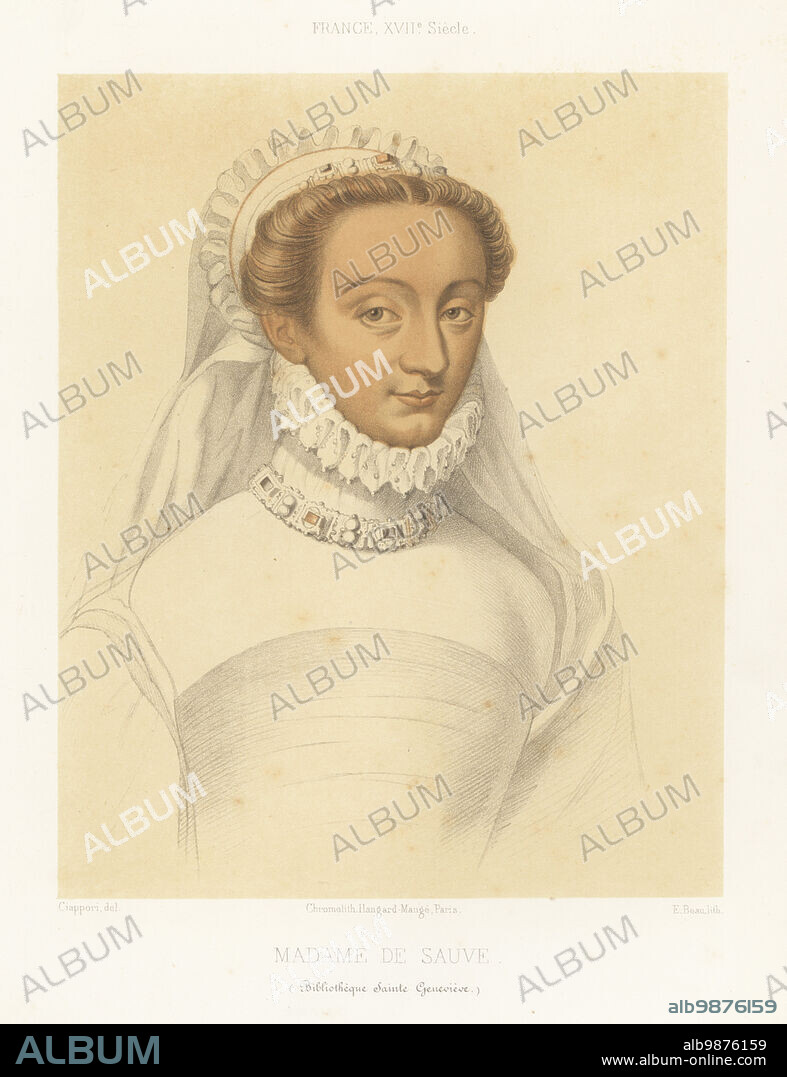 Portrait of Charlotte de Sauve, 1551-1617, French noblewoman and mistress of King Henry IV. Dessin aux trois crayons, black, white and sanguine. Madame de Sauve. France, XVIIe siecle. Bibliotheque Sainte Genevieve. Chromolithograph by Emile Beau after an illustration by Claudius Joseph Ciappori from Charles Louandres Les Arts Somptuaires, The Sumptuary Arts, Hangard-Mauge, Paris, 1858.