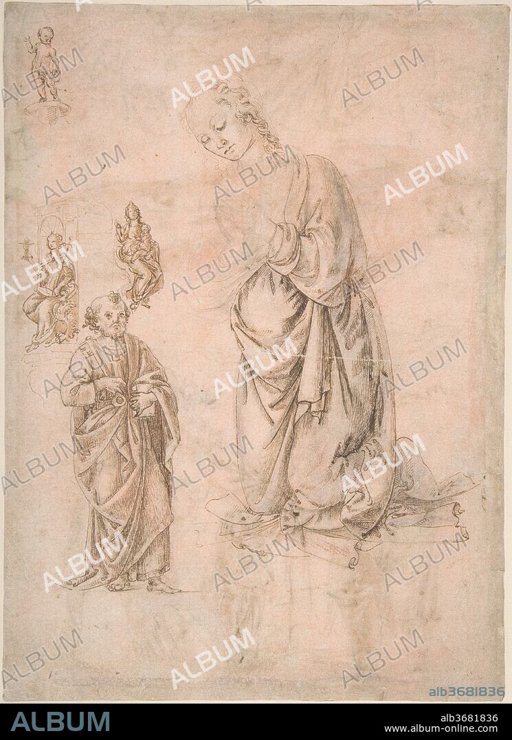 Sketches of Figures of the Virgin Kneeling, Saint Peter Standing, Seated Allegorical Figures of Faith and Charity, and Child Standing on a Corbel (?) (recto); Sketches of Figures of Saint Sebastian Standing and the Virgin and Child with Angels (verso). Artist: Attributed to Francesco di Simone Ferrucci (Italian, Fiesole 1437-1493 Florence). Dimensions: 10 13/16 x 7 13/16in. (27.4 x 19.8cm). Date: 1487-88.
To judge from the drawing style and subject matter, Ferrucci was strongly influenced by the Florentine sculptor Andrea Verrocchio (1435-1488).  Although he was trained by his father, Ferrucci may have been Verrocchio's assistant in the 1470s; Verrocchio's workshop offered a training ground for many of the brilliant draftsmen of late-fifteenth-century Florence.  This drawing once formed part of the sketchbook formerly attributed to Verrocchio himself: the great nineteenth-century art historian and connoisseur Giovanni Morelli was the first to propose the name of Francesco di Simone, and this attribution has been generally accepted by later scholars.
This boldly drawn double-sided sheet is part of a well-known dismembered Florentine sketchbook (now dispersed in a variety of collections) that apparently records sculptural models, most of which can be associated with the style of Andrea del Verrocchio's workshop. It also includes, however, motifs inspired by the work of such other Florentine sculptors as Antonio del Pollaiuolo, Benedetto da Maiano, Desiderio da Settignano, Luca della Robbia, and Bernardo Rossellino. This and nineteen other pages of the sketchbook are currently known, all of a similar size and drawing technique on rose-washed paper, and at least nine of these bear the same watermark (a Gothic M). 
The codicological evidence has been examined with particular attention by Albert J. Elen. Like catalogue number 8, most of the sheets are also drawn on both sides and bear inscriptions of many types, from dates to debit accounts to the names of individuals. The following collections own pages of this sketchbook: the Musée Condé, Chantilly (eight); Musée du Louvre, Paris (three); École des Beaux-Arts, Paris (two); British Museum, London (two); Kupferstichkabinett, Berlin (one); Musée des Beaux-Arts, Dijon (one); Hamburger Kunsthalle (one). An additional sheet was last recorded in a private collection in 1983.1 Two of the Chantilly sheets (21[15]; 22[16]) bear the date 1487, while one of the sheets in the École des Beaux-Arts, Paris (374 v), bears the date 1488.
To judge from the very eclectic choices of sculptural motifs and styles, the sketchbook may have served as a visual record or sourcebook for the use of a modestly talented sculptor, or even a sculptor's apprentice. (Similar motifs are sometimes naively repeated in page after page of the sketchbook.) About 1850, when the sketchbook seems to have gotten noticed by scholars, it was ascribed to Andrea del Verrocchio himself, since his name is inscribed on one of the sheets used for the purpose of settling an account, and thus it became nicknamed the Verrocchio Sketchbook. In 1893, Giovanni Morelli (Ivan Lermolieff) attributed the sketchbook to the sculptor Francesco di Simone Ferrucci da Fiesole (Francesco di Simone Fiorentino), who was said by Giorgio Vasari to have been Verrocchio's pupil but who was in actuality Verrocchio's near contemporary.2 From the little that is known about Francesco di Simone (he is not documented until 1463), he was likely a collaborator in the Verrocchio workshop. Scholars have usually accepted Morelli's attribution, though often with reservations (Georg Gronau expressing the most doubt in 1896), for the inscriptions on the pages seem to be by another hand than that of the artist of the sketches, and the names "Lorenzo" and "Gabrielo" also turn up.
That the draftsman of the sketchbook is probably not the author of the actual motifs can be surmised from the fact that the main motif of the kneeling Virgin seen here in the center of the recto seems to be copied repeatedly on the other sheets, recording the incomplete state of the original work that served as a model. One such kneeling Virgin appears in a sheet at Chantilly (Musée Condé, 23[17] verso), while at least two further variants in drawings that were not part of the so-called Verrocchio Sketchbook are at the Palazzo Abatellis, Palermo, and the British Museum, London (1963-11-9-23). On the one hand, the drawings are close in style to a design in the Nationalmuseum, Stockholm, that may well be Francesco di Simone's original study for the tomb of the jurist Alessandro Tartagni (San Domenico, Bologna), from about 1477 to 1480 and mentioned by Vasari. On the other hand, some of the annotations on the sheets conflict with the thesis of Francesco's authorship. (Carmen C. Bambach, 2003).