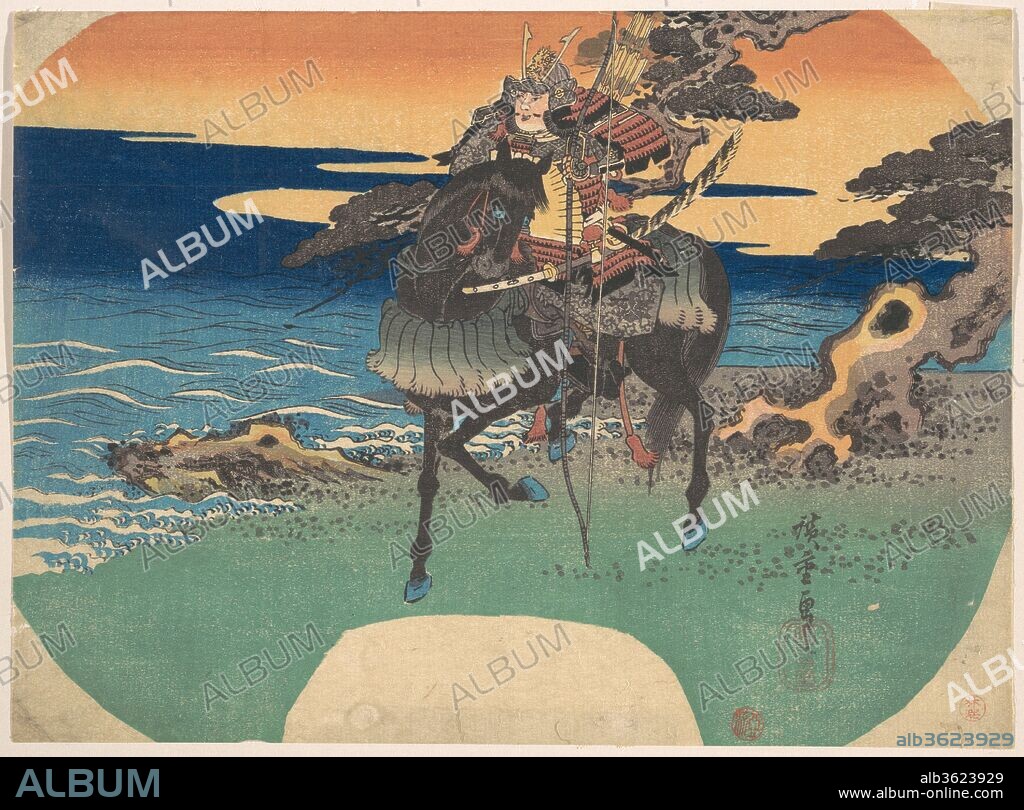 Warrior Riding Black Horse along the Sea Shore. Artist: Utagawa Hiroshige (Japanese, Tokyo (Edo) 1797-1858 Tokyo (Edo)). Culture: Japan. Dimensions: H. 8 1/2 in. (21.6 cm); W. 11 1/2 in. (29.2 cm). Date: ca. 1835.