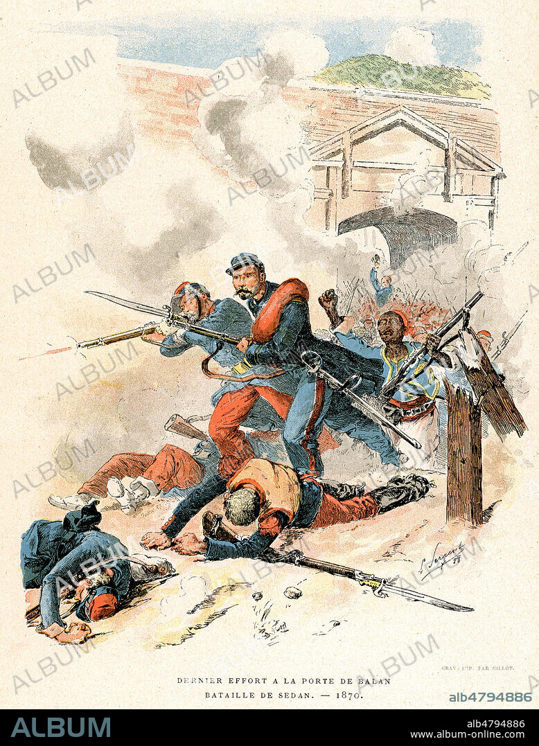 Derniers efforts a la porte de Balan. Bataille de Sedan, 1870. Illustration de 1888 par Lucien SERGENT (1849-1904) pour Autour du Drapeau tricolore 1789-1889 par le general Charles THOUMAS (1820-1893). Credit : Collection Jonas/Kharbine-Tapabor.