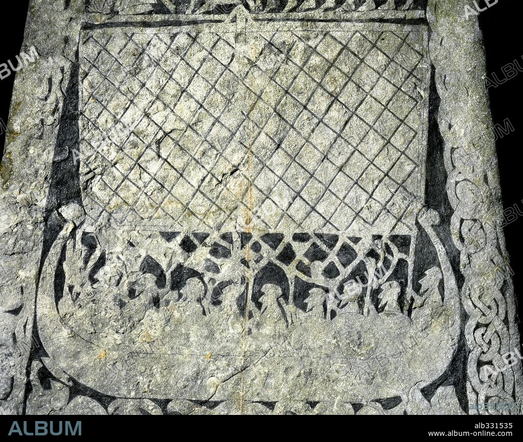 Viking Tangelgarda rune stone from Gotland 7th century AD with Saga of God Wotan in procession detail of Viking.