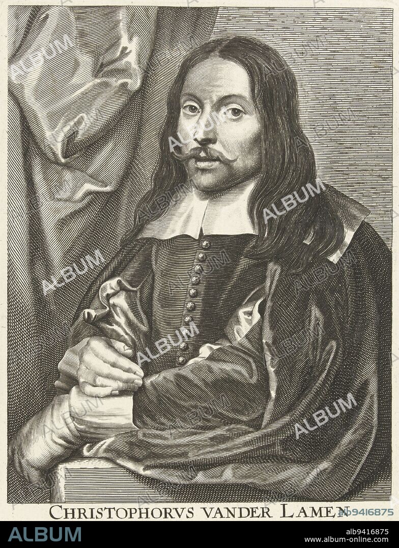 Portrait of painter Christopher Jacobsz. van der Laemen. Bust to the left. The print has a Latin caption, Portrait of Christopher Jacobsz. van der Laemen Christophorvs vander Lamen., print maker: Petrus Clouwet, (mentioned on object), Anthony van Dyck, (mentioned on object), Antwerp, 1639 - 1670, paper, engraving, h 250 mm × w 182 mm.