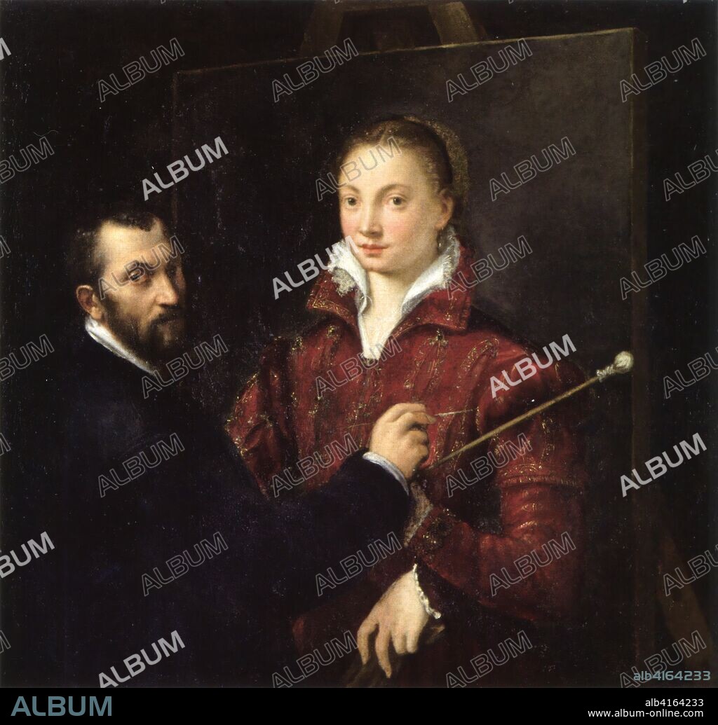 SOFONISBA ANGUISSOLA. Self portrait with Bernardino Campi. 1550. Oil on canvas, 111 x 109, 5 cm.