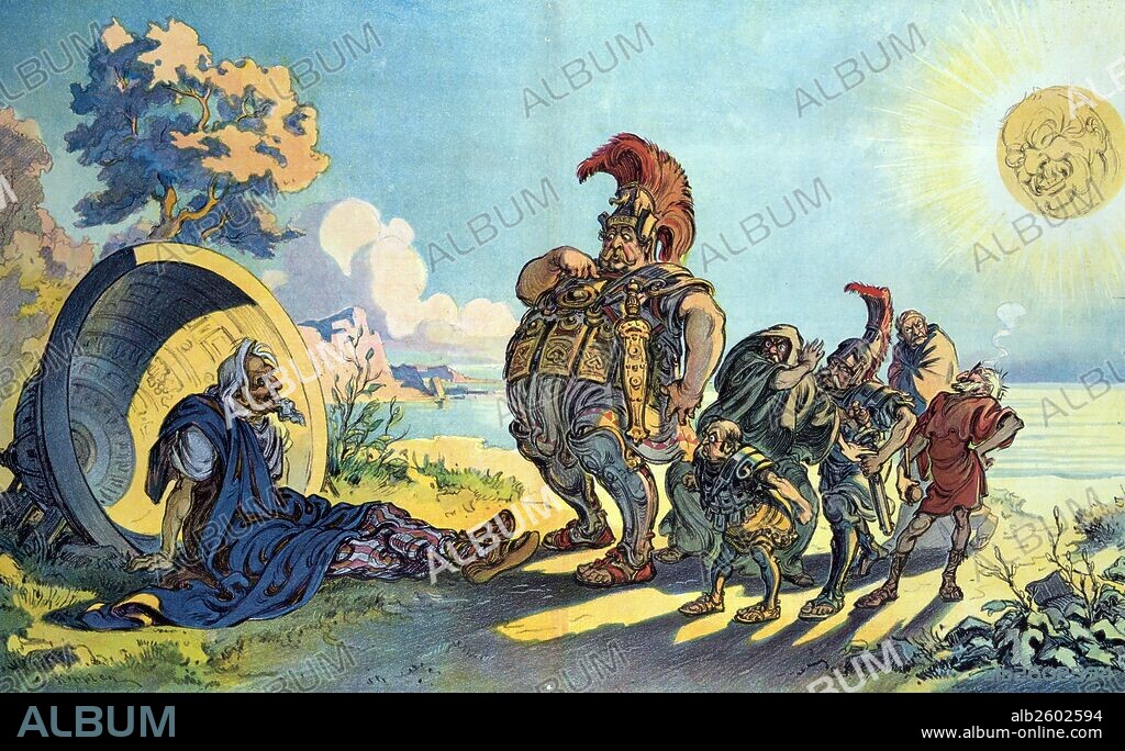 If anybody should ask him' President Taft as Alexander the Great accompanied by James S. Sherman, Sereno E. Payne, Nelson W. Aldrich, Joseph G. Cannon, and George W. Wickersham, standing before Uncle Sam, shown here as Diogenes, sitting at the base of an overturned dome in the shadows cast by Taft and the others who are blocking his sun. The sun shows the face of Theodore Roosevelt.